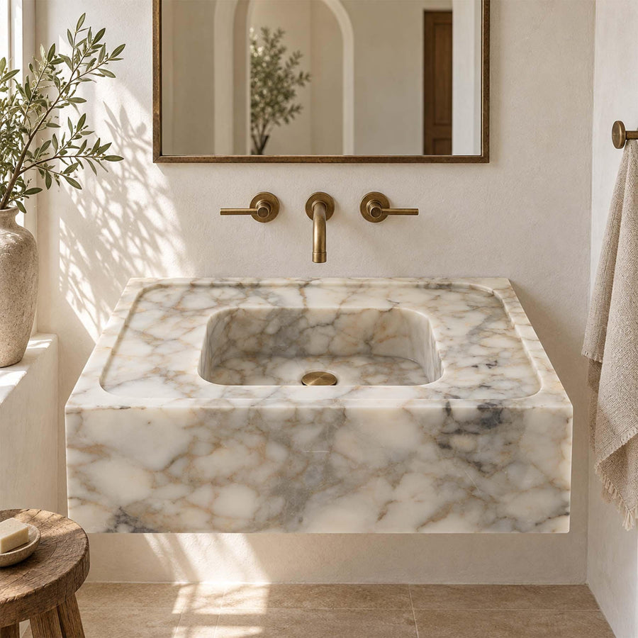 Calacatta Gold smooth marble sink with wide deck, made to order in custom sizes