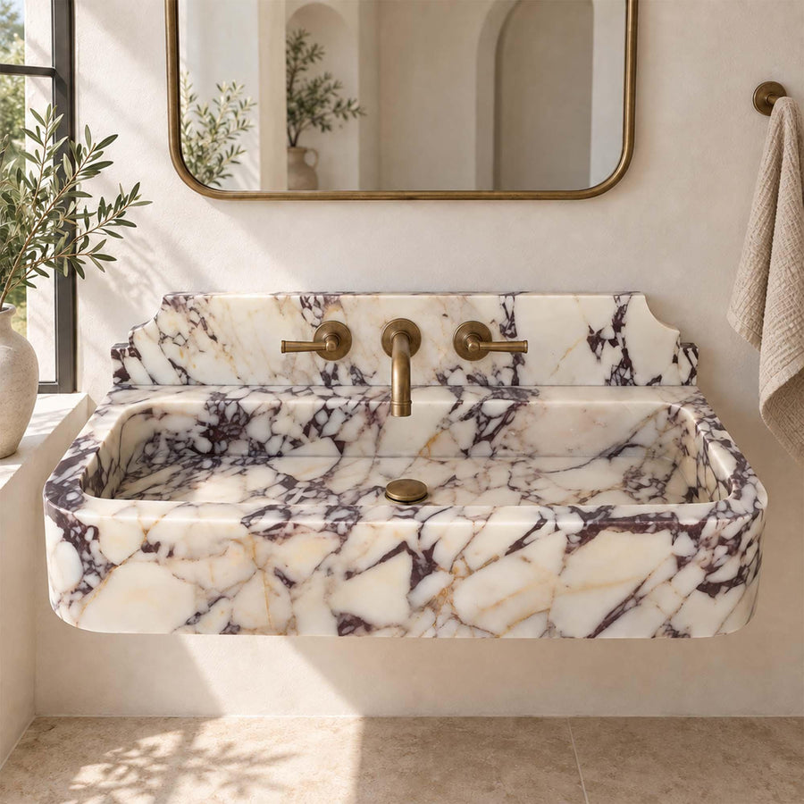 Calacatta Viola smooth console sink with decorative backsplash, made to order in custom sizes