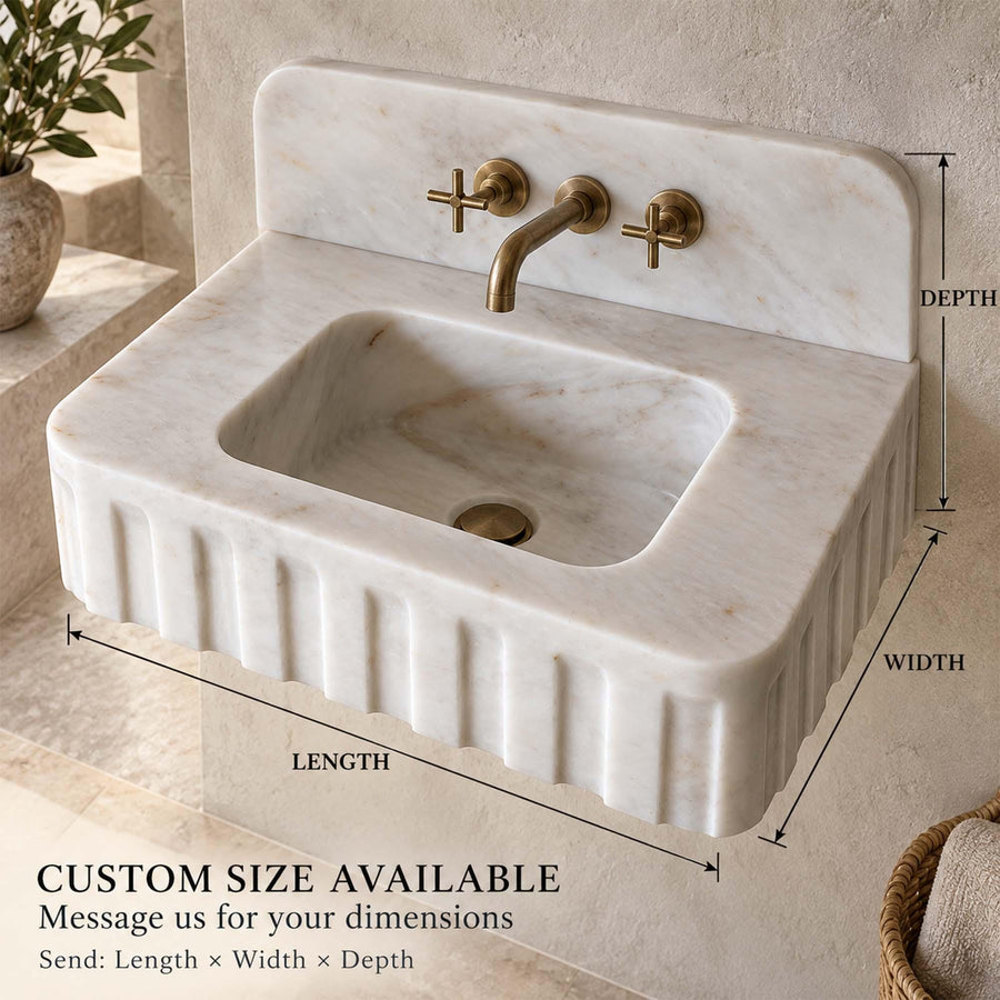 Custom size Carrara White fluted vanity sink diagram showing length, width and depth