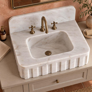 Carrara White Marble Sink, Hand Carved Fluted Vanity Basin, Rounded Backsplash