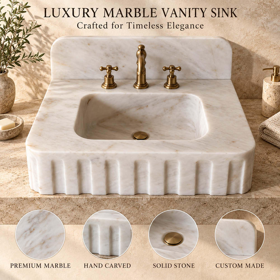 Luxury Carrara White fluted vanity sink with dimension labels