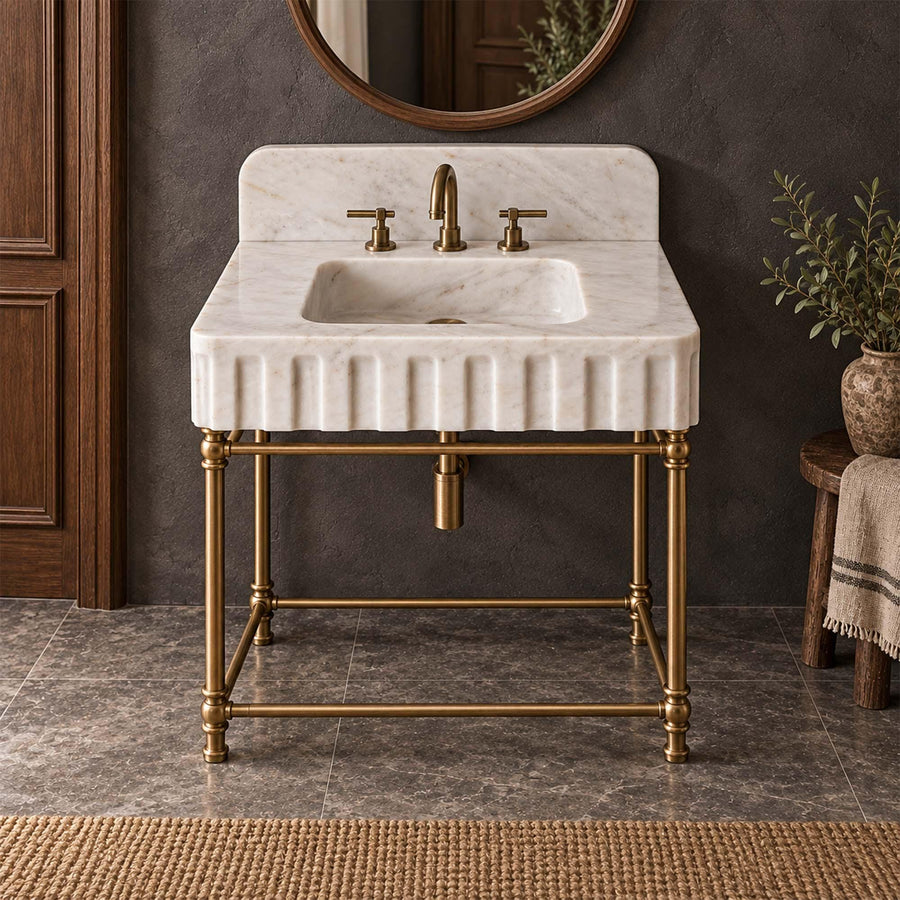 Carrara White fluted vanity sink detail showing hand-carved edges