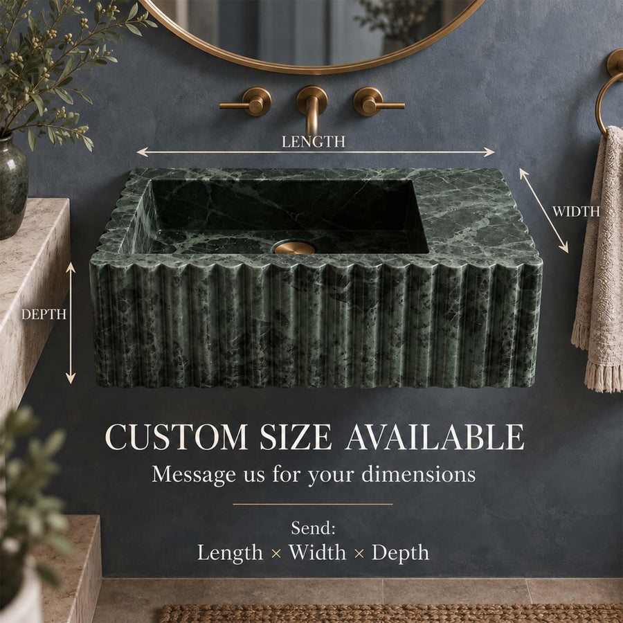 Custom size Green Levanto fluted vanity sink diagram showing length, width and depth