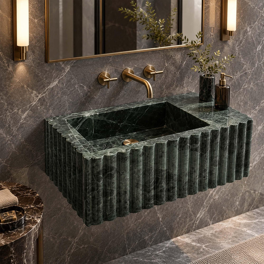 Angled view of a handcrafted Green Levanto bathroom sink