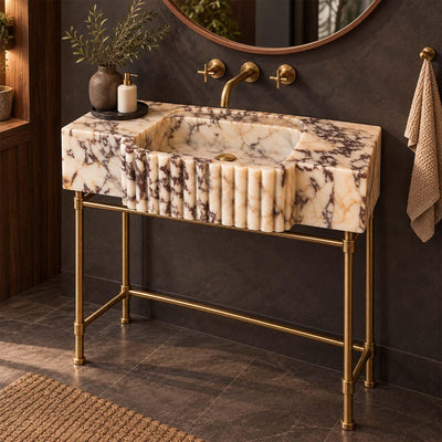 Calacatta Viola Marble Sink, Hand Carved Fluted Center Apron Console Vanity