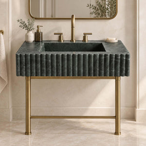Green Marble Console Sink, Fluted Scalloped Edge Floating Vanity Basin