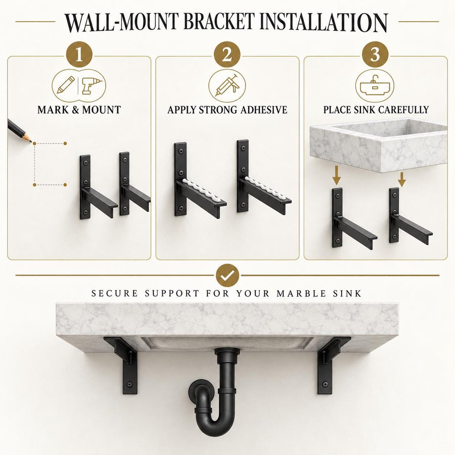 Wall-mounted marble sink installation guide with heavy-duty steel brackets and adhesive