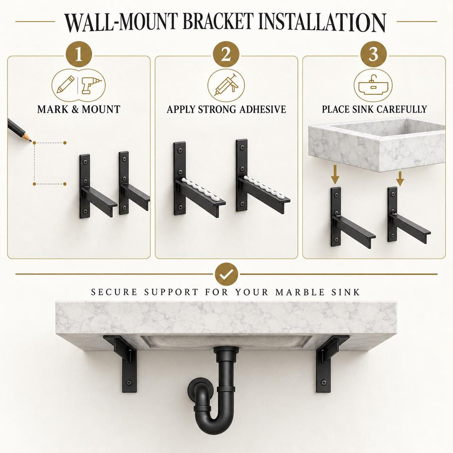 Wall-mounted marble sink installation guide with heavy-duty steel brackets and adhesive