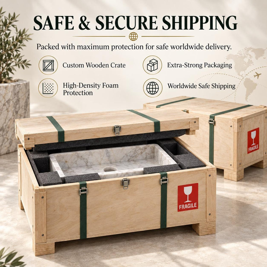 Custom marble bathroom sink packed in a wooden crate with foam protection for worldwide delivery