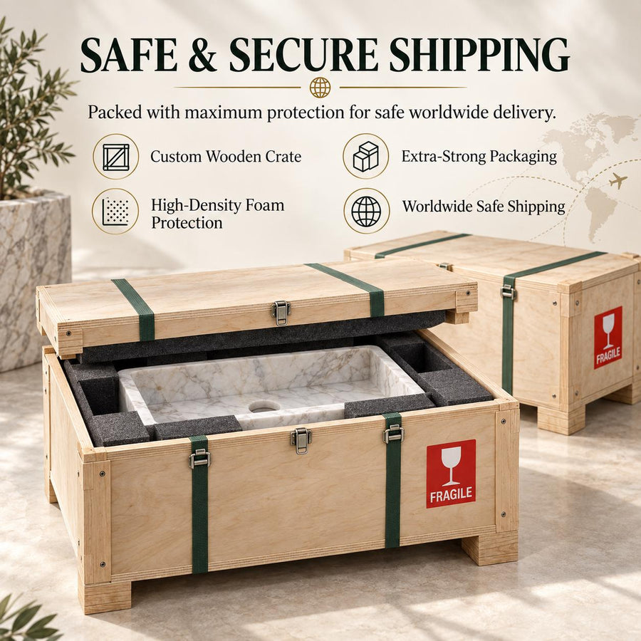 Custom marble bathroom sink packed in a wooden crate with foam protection for worldwide delivery