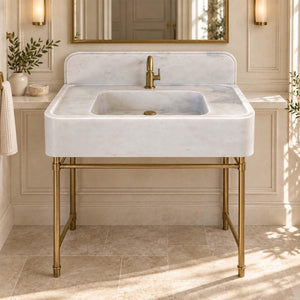 Carrara White Marble Sink, Hand Carved Rounded Console Basin, Integrated Backsplash