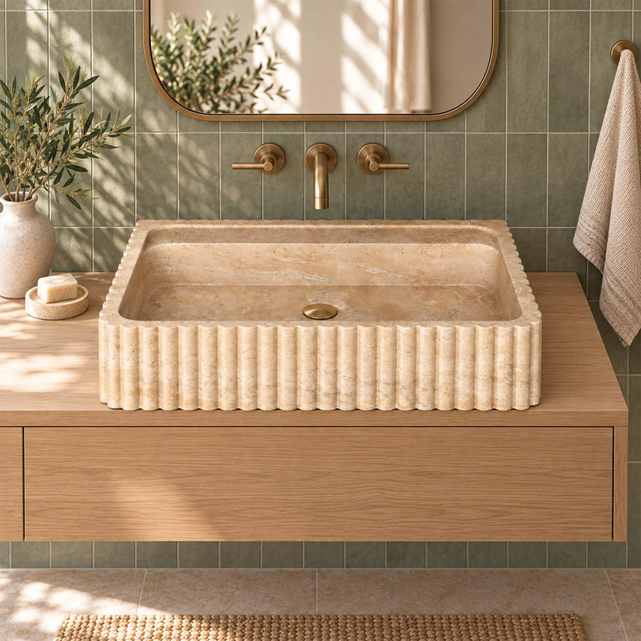 Beige travertine fluted console sink, made to order in custom sizes