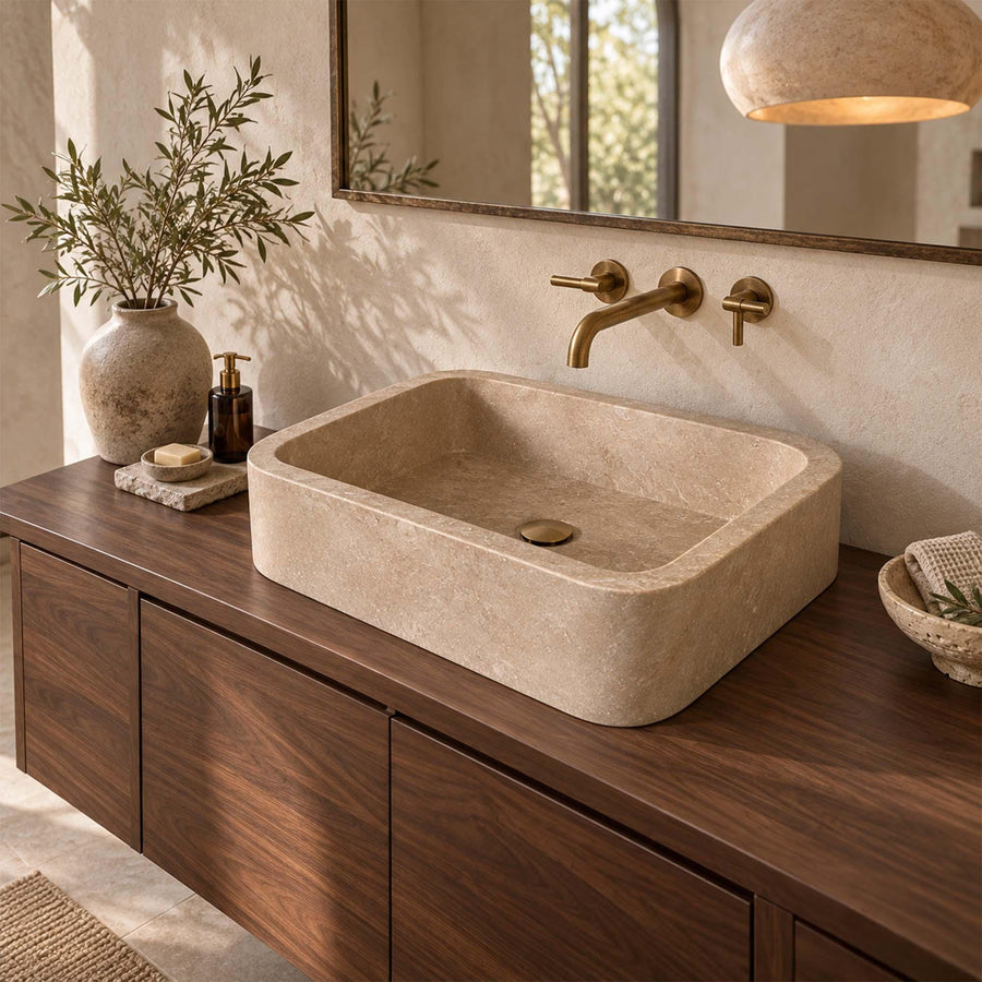 Beige travertine rounded floating sink, view 3