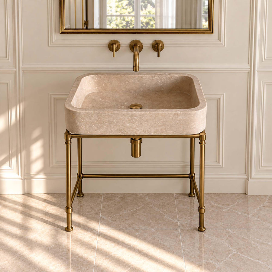 Beige travertine rounded floating sink, view 5
