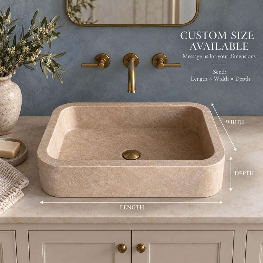 Close-up of natural veining on a Beige Travertine rounded floating sink