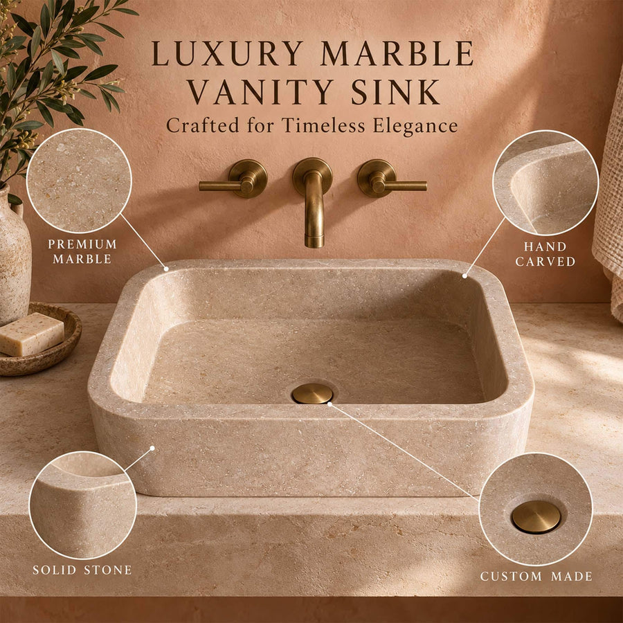 Top view of the deep integrated basin of a Beige Travertine rounded floating sink