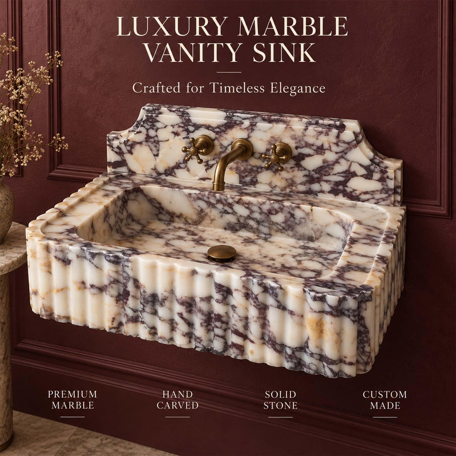 Close-up of natural veining on a Calacatta Viola fluted console sink