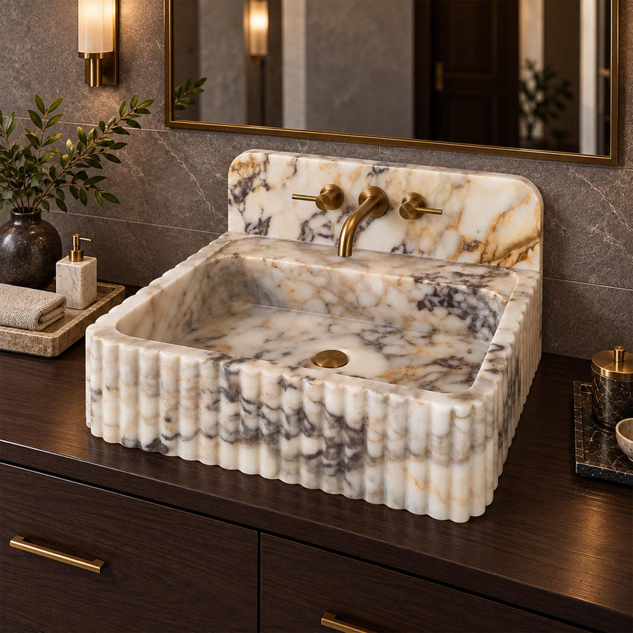 Calacatta Gold fluted vanity sink with rounded backsplash, made to order in custom sizes