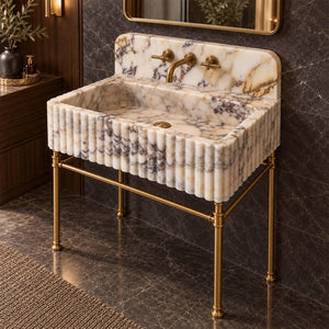 Calacatta Gold Marble Sink, Hand Carved Fluted Vanity Basin, Rounded Backsplash