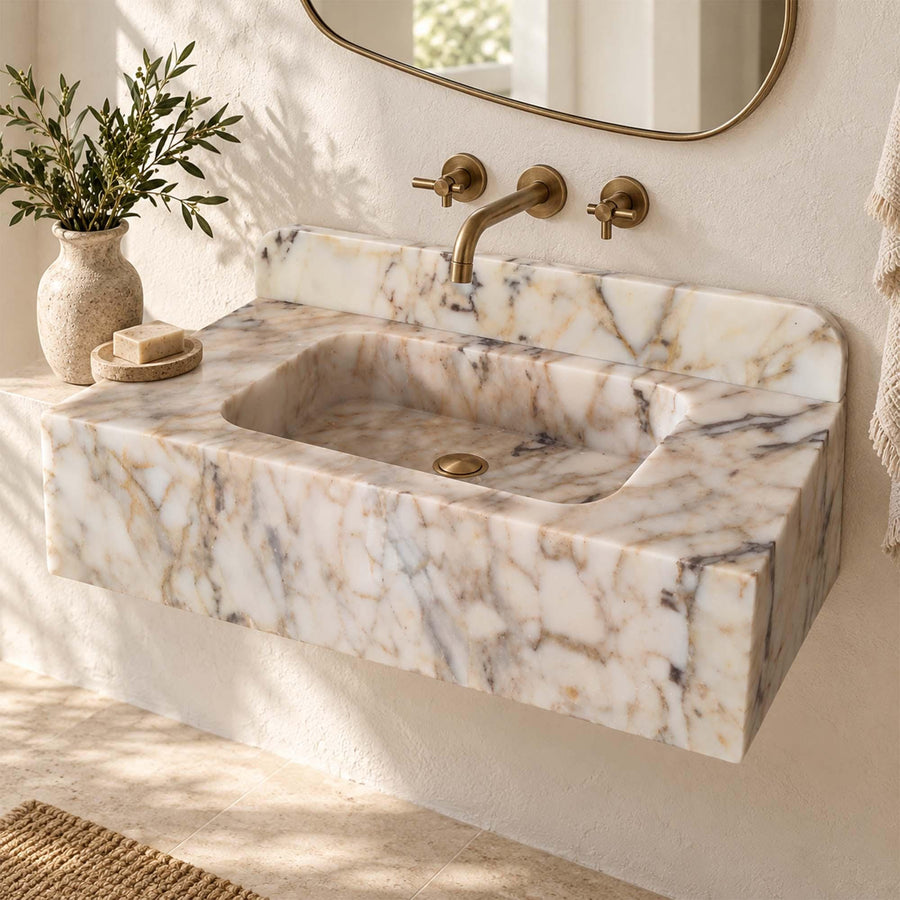 Calacatta Gold smooth console sink with rounded backsplash, view 3