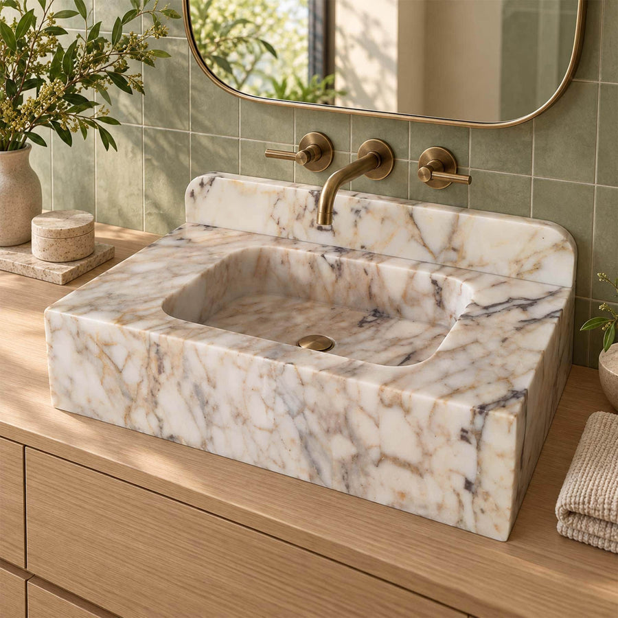 Calacatta Gold smooth console sink with rounded backsplash, view 9