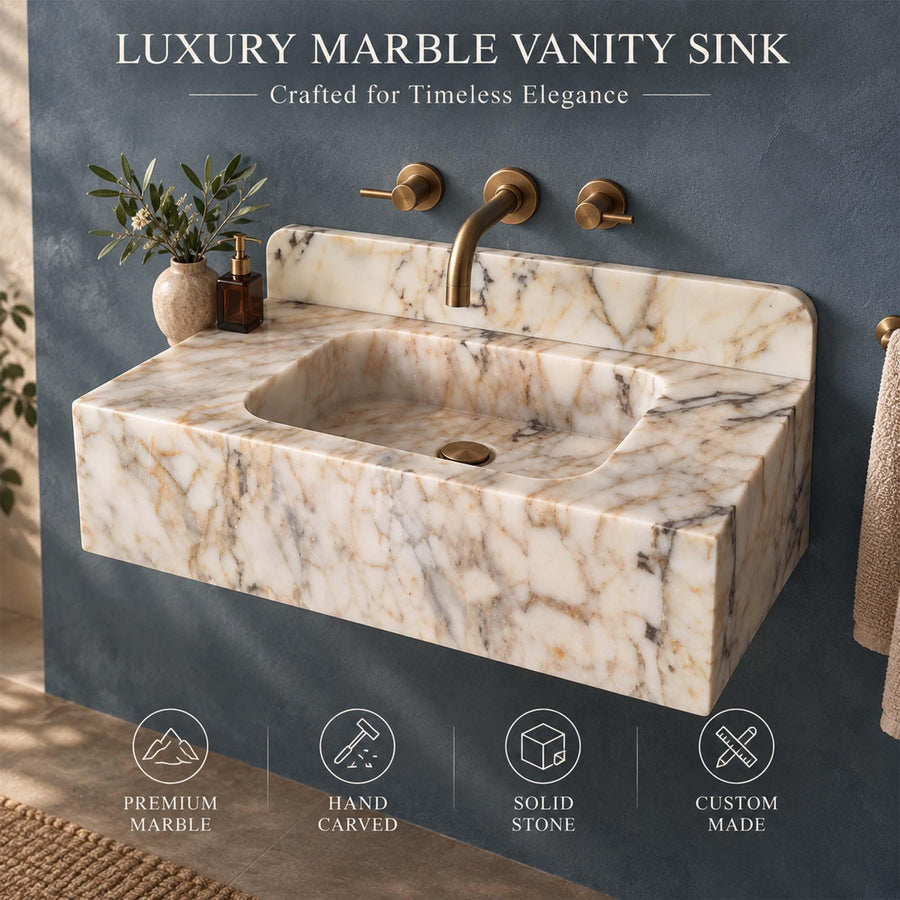 Top view of the deep integrated basin of a Calacatta Gold smooth console sink