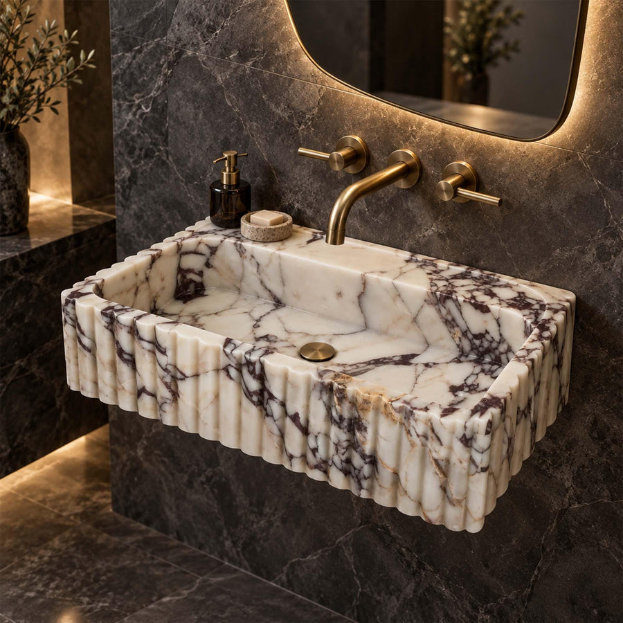 Calacatta Viola fluted floating sink with rear deck, view 3