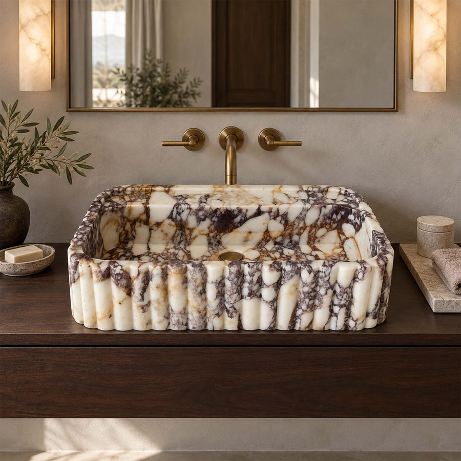 Calacatta Viola rounded fluted floating sink, view 3