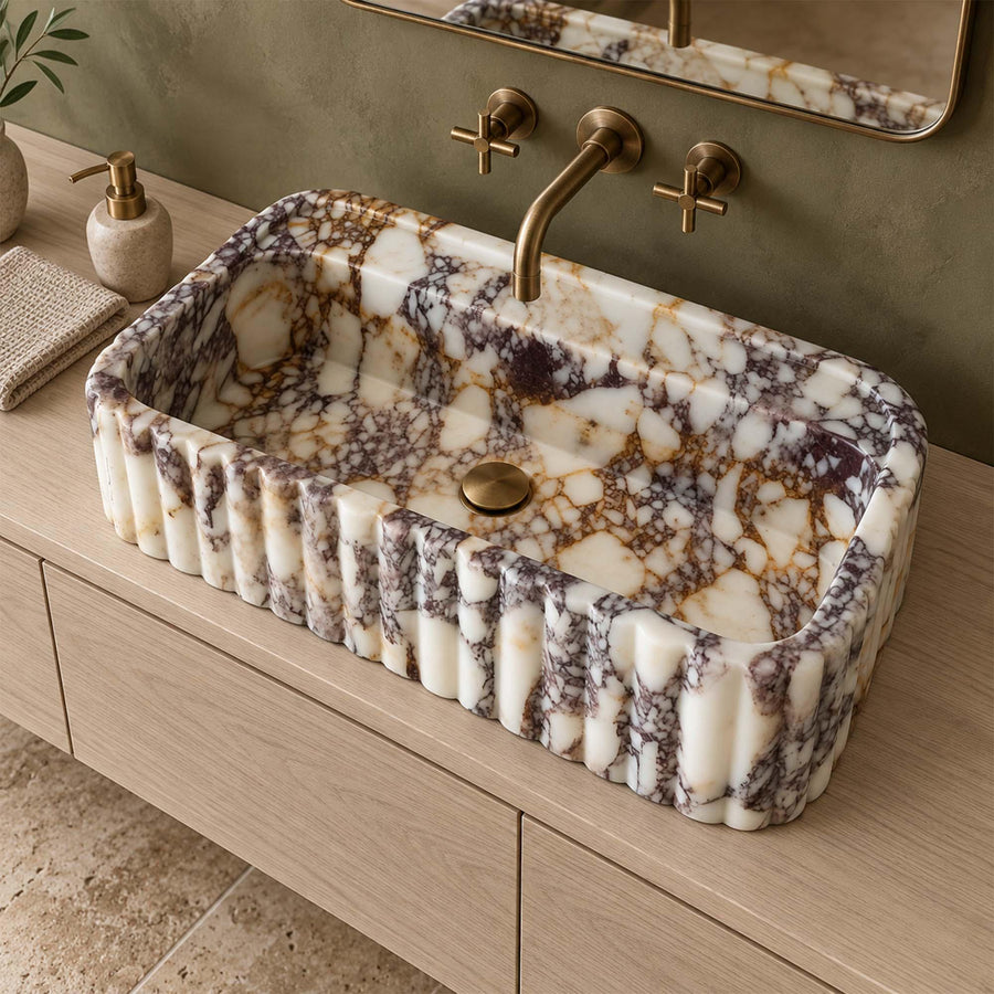 Calacatta Viola rounded fluted floating sink, view 7