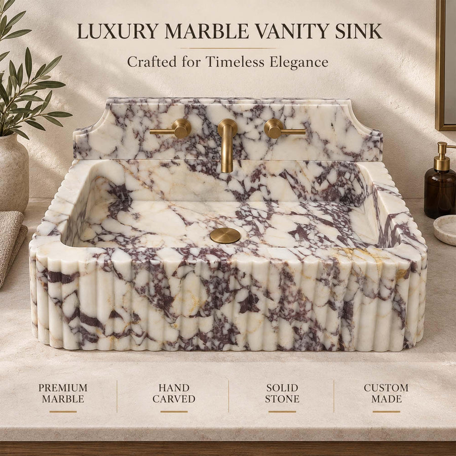 Luxury Calacatta Viola fluted console sink with dimension labels