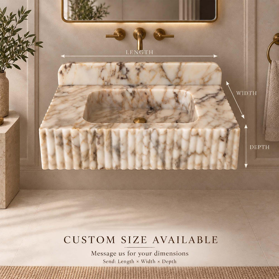 Custom size Calacatta Gold fluted floating sink diagram showing length, width and depth