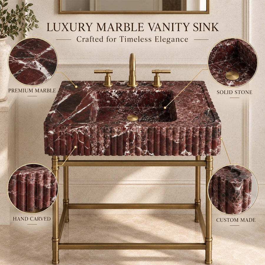 Luxury Rosso Levanto fluted console sink with dimension labels