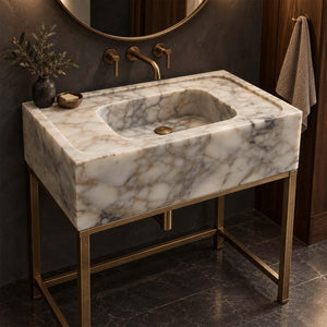 Calacatta Gold Marble Sink, Hand Carved Smooth Floating Basin, Wide Deck Wall Mount Vanity