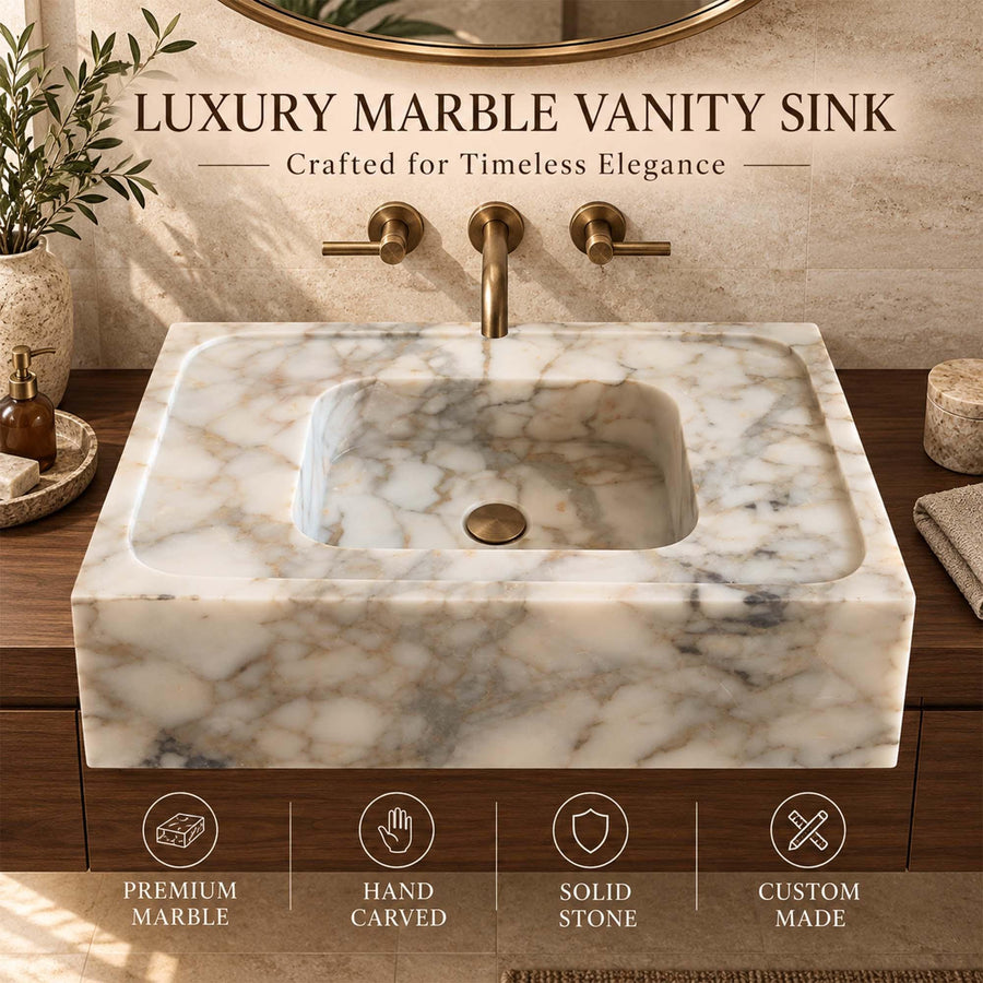 Luxury Calacatta Gold smooth floating sink with dimension labels
