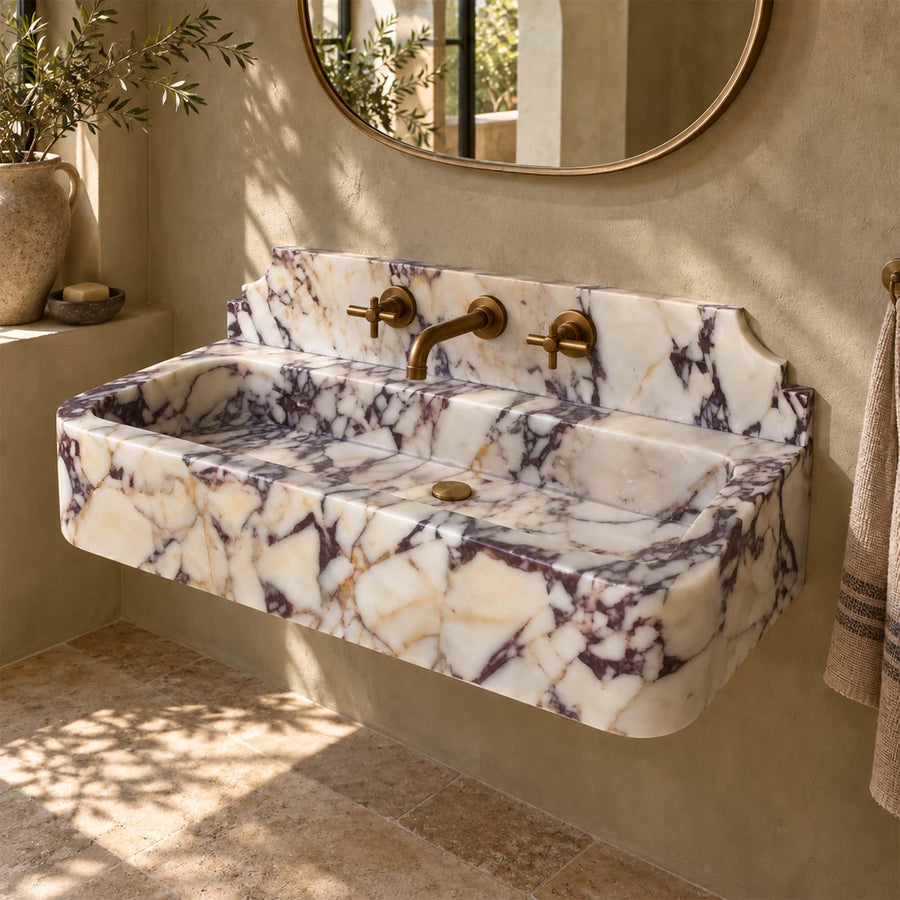 Calacatta Viola smooth console sink with decorative backsplash, view 5