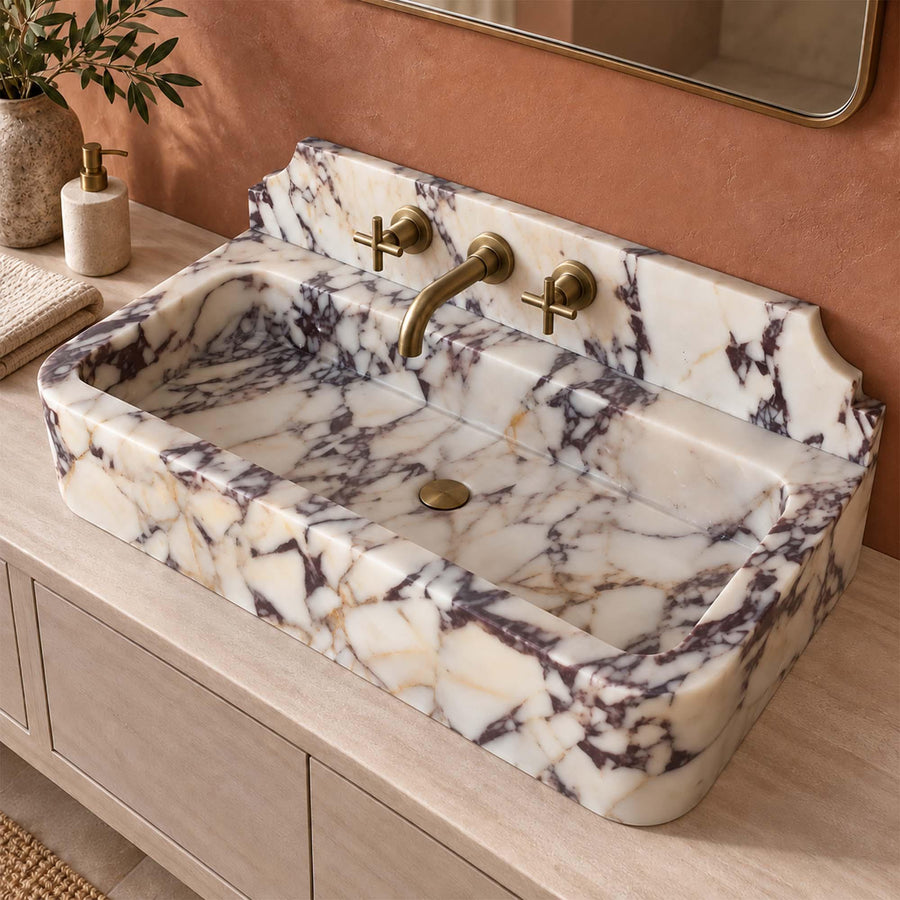 Calacatta Viola smooth console sink with decorative backsplash, view 3