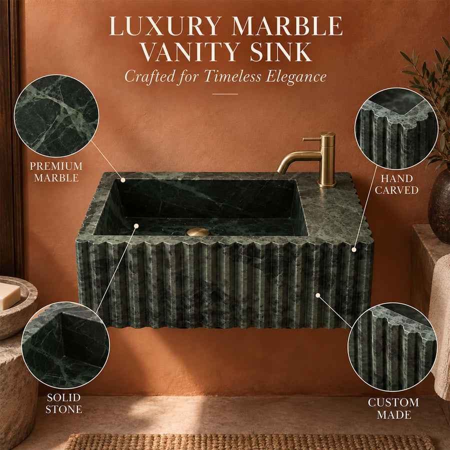 Luxury Green Levanto fluted vanity sink with dimension labels