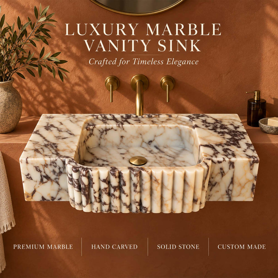 Luxury Calacatta Viola fluted apron console sink with dimension labels