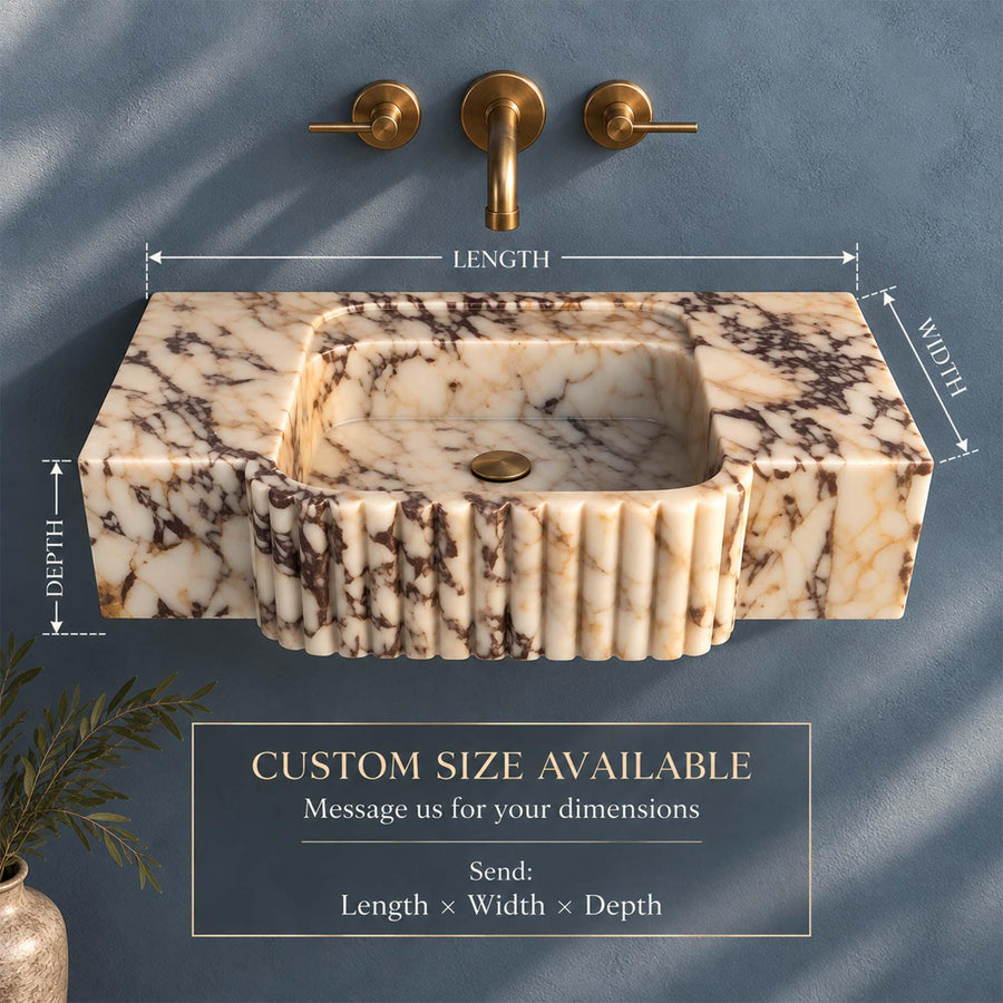 Custom size Calacatta Viola fluted apron console sink diagram showing length, width and depth