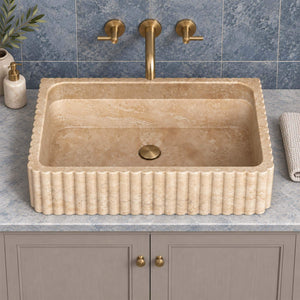 Beige Travertine Sink, Hand Carved Fluted Stone Basin, Floating Console Vanity