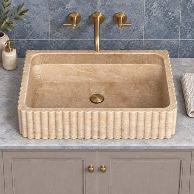 Beige Travertine Sink, Hand Carved Fluted Stone Basin, Floating Console Vanity