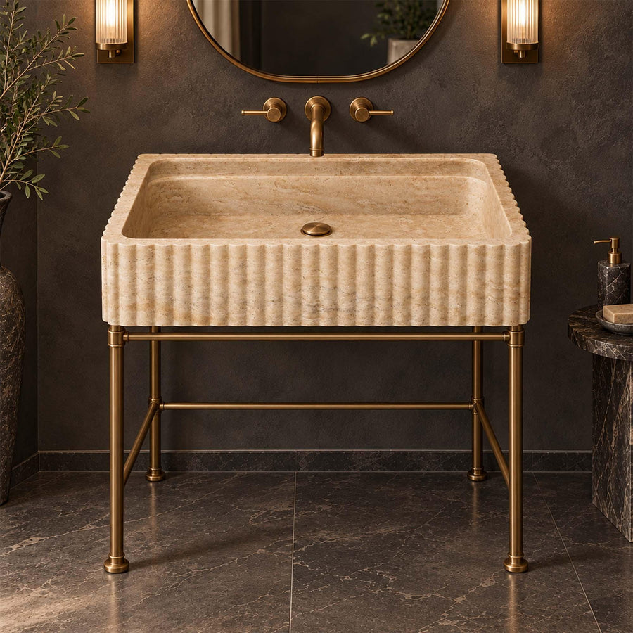 Angled view of a handcrafted Beige Travertine bathroom sink