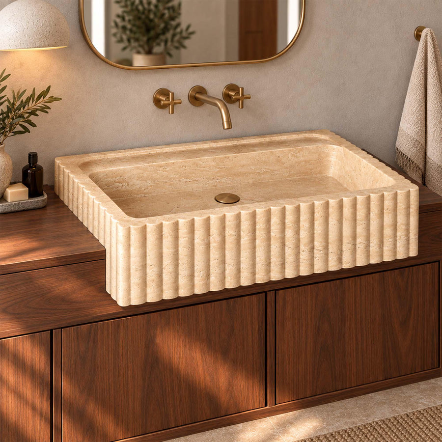 Beige Travertine fluted console sink detail showing hand-carved edges