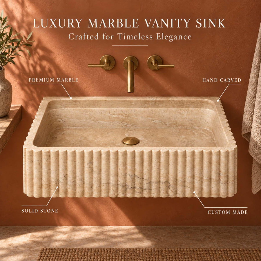 Close-up of natural veining on a Beige Travertine fluted console sink