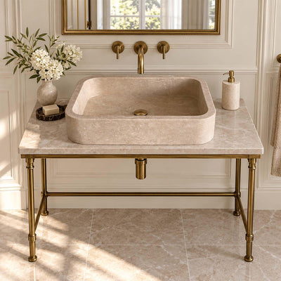 Beige Travertine Sink, Hand Carved Rounded Stone Basin, Floating Wall Mount Vanity