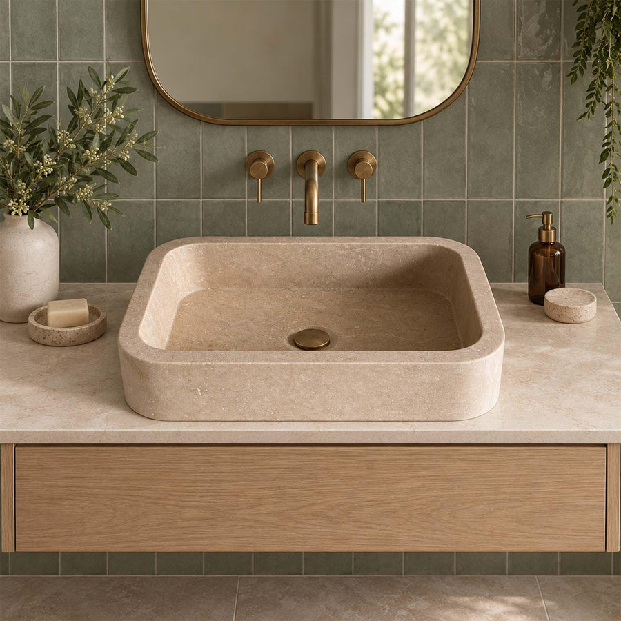 Beige travertine rounded floating sink, made to order in custom sizes
