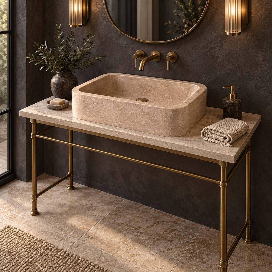 Beige Travertine rounded floating sink detail showing hand-carved edges