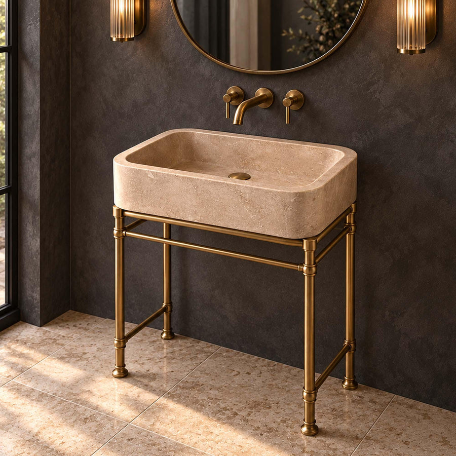 Angled view of a handcrafted Beige Travertine bathroom sink