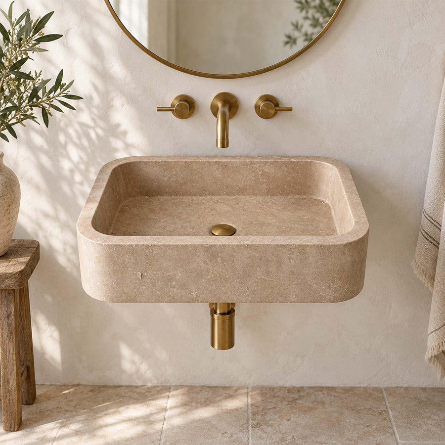 Beige travertine rounded floating sink, view 7
