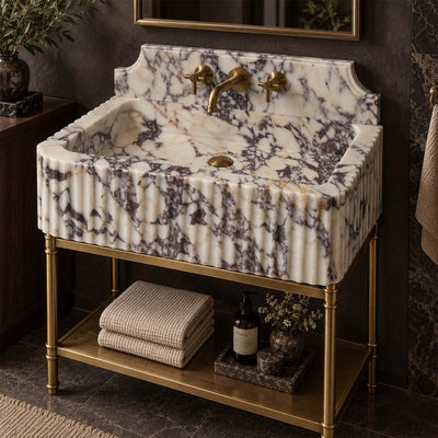 Calacatta Viola Marble Sink, Hand Carved Fluted Vanity with Firenze Backsplash